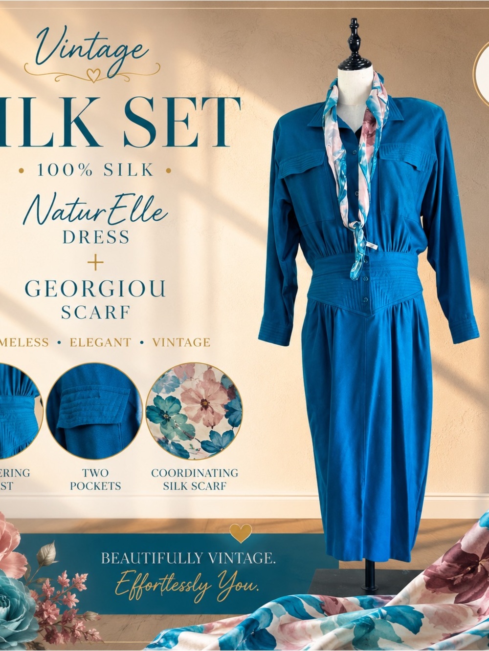 Vintage NaturElle 100% Silk Teal Midi Dress + Georgiou Scarf Set Size L